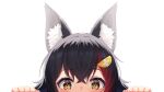  1girl absurdres animal_ear_fluff animal_ears bangs black_hair commentary_request eyebrows_visible_through_hair hair_between_eyes hair_ornament hands_up highres hololive looking_at_viewer multicolored_hair ookami_mio peeking portrait redhead solo starkamisan streaked_hair virtual_youtuber wolf_ears wolf_girl yellow_eyes 