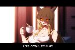  1girl bare_shoulders blonde_hair blurry blurry_background braid breasts broken_cup camisole commentary commission copyright_request cup english_commentary glowing glowing_eyes highres holding holding_cup horns in_(ain) korean_text large_breasts long_bangs long_hair open_mouth pointy_ears side_braid slit_pupils smile solo translation_request yellow_eyes yellow_nails 