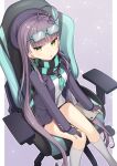  1girl :o ahoge bangs black_gloves blue-framed_eyewear blue_neckwear blue_scarf blunt_bangs chair commission eyewear_on_head feet_out_of_frame gaming_chair glasses gloves hand_on_lap hat jacket konogi long_hair long_sleeves looking_at_viewer neckerchief on_chair open_clothes open_jacket original outline partially_fingerless_gloves purple_background purple_hair purple_headwear purple_jacket scarf school_uniform serafuku shirt sitting skeb_commission socks solo striped striped_scarf very_long_hair white_legwear white_outline white_shirt yellow_eyes 