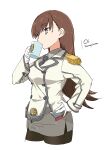  1girl aka_ringo black_legwear brown_eyes brown_hair buttons character_name collared_shirt commentary_request cosplay cropped_legs cup double-breasted drinking epaulettes grey_skirt hand_on_hip highres kantai_collection katori_(kancolle) katori_(kancolle)_(cosplay) kikumon long_hair military military_uniform mug necktie ooi_(kancolle) pantyhose pencil_skirt shirt simple_background skirt solo uniform white_background 