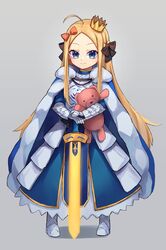  1girl abigail_williams_(fate) armor armored_dress artoria_pendragon_(fate) bangs blonde_hair blue_dress blue_eyes blue_ribbon blush breastplate breasts cosplay crown dress excalibur_(fate/stay_night) fate/grand_order fate/stay_night fate_(series) faulds forehead gauntlets hair_ribbon highres long_hair long_sleeves looking_at_viewer miya_(miyaruta) parted_bangs ribbon saber saber_(cosplay) small_breasts smile stuffed_animal stuffed_toy sword teddy_bear weapon 