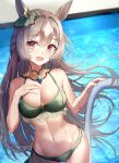  1girl animal_ears bangs bikini blurry blurry_background bracelet braid eyebrows_visible_through_hair frills hands_up highres horse_ears horse_girl jewelry lace long_hair looking_at_viewer open_mouth pool pool_ladder satono_diamond_(umamusume) seero sidelocks smile solo standing swimsuit thighs umamusume water wet 