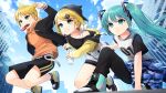  1boy 2girls belt black_headwear black_jacket black_pants black_shorts blonde_hair blue_eyes blue_hair blue_sky bottle candy chocolate chocolate_bar closed_mouth day food green_eyes grin hair_ornament hairclip hat hatsune_miku holding holding_bottle hood hood_down hoodie jacket jersey kagamine_len kagamine_rin konogi mouth_hold multiple_girls open_clothes open_jacket orange_hoodie outdoors pants shirt shoes shorts sky smile topknot twintails vocaloid water_bottle white_belt white_shirt 