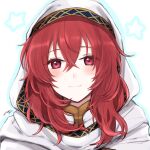  1girl bangs blush closed_mouth eyebrows_visible_through_hair fire_emblem fire_emblem:_mystery_of_the_emblem hair_between_eyes highres lena_(fire_emblem) long_hair looking_at_viewer misato_hao outline portrait red_eyes redhead shiny shiny_hair signature smile solo 