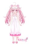  1girl :d absurdres ahoge animal_ears bangs bare_arms bare_shoulders blush collarbone dress eyebrows_visible_through_hair fake_animal_ears frilled_dress frills full_body hair_between_eyes highres indie_virtual_youtuber long_hair looking_at_viewer official_art open_mouth pink_hair sandals shiodome_oji simple_background sleeveless sleeveless_dress smile solo standing twintails very_long_hair violet_eyes virtual_youtuber white_background white_dress white_footwear youjomiruku 