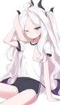  1girl billbung blue_archive blush breasts gym_uniform highres hina_(blue_archive) horns long_hair one_eye_closed shorts simple_background sitting small_breasts solo towel very_long_hair violet_eyes white_background white_hair 