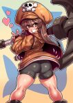  1girl anchor ass bike_shorts brown_hair cabbie_hat coat grin guilty_gear hat heart highres holding holding_anchor legs long_hair looking_back may_(guilty_gear) orange_eyes skull_and_crossbones smile solo tukiwani v 