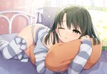  1girl green_hair konogi long_sleeves looking_at_viewer medium_hair object_hug on_bed one_eye_closed original pajamas panties parted_lips pillow pillow_hug pink_legwear pink_panties red_eyes signature solo striped striped_pajamas thigh-highs underwear 