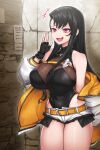  1girl :d absurdres belt black_gloves black_hair breasts cain_(gunnermul) covered_navel fingerless_gloves gloves highres jacket korean_commentary large_breasts leotard long_hair off_shoulder open_mouth shorts smile solo violet_eyes 