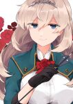  1girl absurdres amot_211 arrow_(projectile) black_gloves blonde_hair blue_eyes breasts flower gloves green_jacket highres holding holding_arrow jacket kantai_collection long_hair medium_breasts red_flower red_rose rose short_sleeves solo tiara upper_body victorious_(kancolle) 