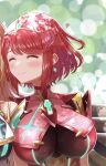  1girl absurdres bangs blush breasts chest_jewel earrings highres jewelry large_breasts pyra_(xenoblade) redhead short_hair signature swept_bangs taro_(peach_taro51) tiara xenoblade_chronicles_(series) xenoblade_chronicles_2 