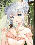  1girl aqua_eyes collarbone ear_ornament food frills grey_hair hand_up highres holding holding_food ice_cream indoors kottungyang looking_at_viewer looking_to_the_side original shiny shiny_hair silver_hair tareme two_side_up white_hair 