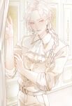  1boy absurdres arms_up bow braid collared_shirt earrings frilled_shirt_collar frills grey_hair hair_bow hair_over_shoulder highres indoors jewelry leaf_print long_hair moon_(ornament) original pants rimei1226 shirt single_braid solo white_nails white_pants yellow_eyes 