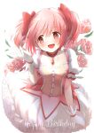  1girl :d dress eyebrows_visible_through_hair flower frilled_dress frills gloves happy_birthday highres kaname_madoka kanechitomoyo leaf magical_girl mahou_shoujo_madoka_magica open_mouth pink_eyes pink_hair red_ribbon ribbon rose smile solo soul_gem twintails white_background 