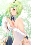  1girl bare_legs barefoot blush braid branch ceres_fauna diamond_(gemstone) earrings flower green_hair green_nails hair_flower hair_ornament highres hololive hololive_english jewelry leaf leaf_background leg_up long_hair looking_at_viewer thighs virtual_youtuber yellow_eyes yuto_(yuto_illust_7) 