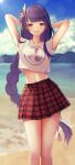  1girl arms_up beach bitseon blush braid genshin_impact highres long_hair looking_at_viewer midriff plaid plaid_skirt purple_hair raiden_shogun red_skirt shirt short_sleeves skirt smile solo very_long_hair violet_eyes white_shirt 