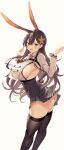  1girl absurdres animal_ears arms_up ass azur_lane bangs black_legwear blush braid breast_curtains breasts brown_eyes brown_hair chikuma_(azur_lane) clothes_lift collar hair_ornament high-waist_skirt highres hiiragi_yuuichi incredibly_absurdres large_breasts long_hair long_sleeves looking_at_viewer mole mole_under_mouth necktie open_mouth rabbit_ears side_cutout sideboob skirt skirt_lift smile solo thigh-highs thighs 
