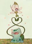  blue_eyes blush bright_pupils bulbasaur celebi claws closed_eyes commentary_request dated fangs flower grass highres leels mythical_pokemon no_humans open_mouth plant pokemon pokemon_(creature) sitting tongue vines white_pupils 