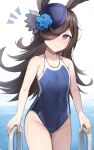  1girl adapted_costume animal_ears black_hair blue_flower blue_headwear blue_rose blue_swimsuit brown_hair flower groin hair_over_one_eye highres horse_ears horse_girl horse_tail long_hair pool_ladder rice_shower_(umamusume) rose school_swimsuit solo swimsuit t373412 tail tilted_headwear umamusume violet_eyes 