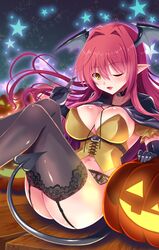  alternate_costume bat_wings breasts demon_girl demon_tail demon_wings halloween halloween_costume head_wings highres koakuma large_breasts long_hair pointy_ears pumpkin redhead tail touhou wings yamu_(reverse_noise) 