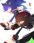  2boys animal_nose bracelet furry furry_male gloves jewelry male_focus multiple_boys red_eyes running shadow_the_hedgehog shoes simple_background sneakers sonic_(series) sonic_the_hedgehog tondamanuke white_gloves 