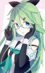  1girl bangs bespectacled black_gloves black_ribbon black_serafuku black_skirt blue-framed_eyewear blue_ribbon braid buttons commentary_request double-breasted elbow_gloves glasses gloves green_eyes green_hair green_neckwear hair_between_eyes hair_flaps hair_ornament hair_ribbon hairclip highres iyama_nami kantai_collection long_hair looking_at_viewer neckerchief parted_bangs ponytail remodel_(kantai_collection) ribbon school_uniform serafuku sidelocks skirt solo twin_braids upper_body wrist_cuffs yamakaze_(kancolle) 