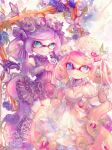  2girls aqua_eyes blue_eyes blue_flower bug butterfly commentary_request dress flower frills full_body highres ho2yrentea inkling inkling_girl long_hair multiple_girls pink_hair purple_hair skull smile splatoon_(series) star_(symbol) star_in_eye symbol_in_eye white_dress 