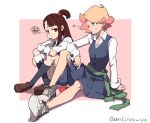  2girls amanda_o&#039;neill arikindows10 arm_on_knee artist_name blue_skirt brown_hair buttons closed_mouth collared_shirt flipped_hair green_eyes jewelry kagari_atsuko kneehighs knees_up little_witch_academia loafers long_sleeves looking_at_another luna_nova_school_uniform medium_hair multicolored_hair multiple_girls necklace on_ground one_eye_closed orange_hair pink_background pleated_skirt ponytail pout redhead school_uniform shirt shoes short_hair short_ponytail sitting skirt smile sneakers socks squiggle star_(symbol) teeth two-tone_background two-tone_hair uniform wand white_background white_shirt 
