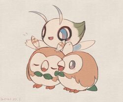  blue_eyes blush bright_pupils celebi closed_eyes commentary_request dated feathers grey_eyes leels mythical_pokemon no_humans open_mouth pokemon pokemon_(creature) rowlet tongue white_pupils 