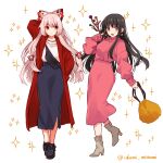 2girls absurdres alternate_costume arm_up artist_name bag bangs black_hair blue_skirt boots bow breasts brown_eyes closed_mouth collar collared_jacket dress earrings fujiwara_no_mokou grey_footwear hair_bow hand_up highres houraisan_kaguya izumi_minami jacket jeweled_branch_of_hourai jewelry long_hair long_sleeves looking_at_another looking_at_viewer medium_breasts multicolored multicolored_bow multiple_girls necklace open_mouth pink_dress pink_hair puffy_long_sleeves puffy_sleeves red_bow red_eyes red_jacket shirt skirt smile standing star_(symbol) starry_background t-shirt touhou treasure white_background white_bow white_shirt yellow_bag