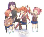  4girls ahoge arms_up bangs blue_footwear blue_skirt bow brown_hair brown_jacket brown_legwear chibi closed_eyes closed_mouth commentary doki_doki_literature_club eyebrows_visible_through_hair flute full_body guitar hair_bow holding holding_instrument instrument jacket jitome light_brown_hair long_hair long_sleeves looking_at_another monika_(doki_doki_literature_club) multiple_girls music natsuki_(doki_doki_literature_club) necktie open_mouth parted_bangs piano piano_bench pink_hair playing_instrument playing_piano pleated_skirt ponytail purple_hair red_bow red_footwear red_neckwear sayori_(doki_doki_literature_club) sheet_music shirt short_twintails sidelocks simple_background sitting skirt smile socks tareme thigh-highs tsubobot twintails violin white_background white_bow white_legwear white_shirt yuri_(doki_doki_literature_club) 