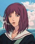  bags_under_eyes bangs blue_sky brown_eyes cigarette cipcal clouds cloudy_sky flcl highres medium_hair ocean redhead samejima_mamimi school_uniform serafuku sky smoking thick_lips 