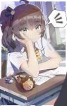  1girl :o ahoge bangs black_ribbon bow bowtie brown_hair cat_hair_ornament classroom desk dirty ebi_frion_(natsuiro_matsuri) eraser green_eyes hair_between_eyes hair_ornament hair_ribbon hand_on_own_cheek hand_on_own_face highres hololive looking_at_viewer medium_hair natsuiro_matsuri notebook notice_lines pen pencil_case ribbon school_uniform see-through_sleeves short_sleeves side_ponytail sitting solo tatedano_kabae uniform virtual_youtuber window yellow_neckwear 