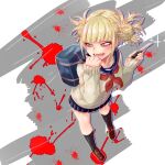  1girl absurdres annmitsu114 backpack bag bags_under_eyes bangs black_legwear blonde_hair blood blood_splatter blue_sailor_collar blue_skirt blunt_bangs boku_no_hero_academia brown_footwear cardigan clenched_hand double_bun fangs from_above full_body grey_background hair_up hands_up highres holding holding_knife holding_weapon kneehighs knife loafers looking_away messy_hair narrowed_eyes neckerchief pleated_skirt red_neckwear sailor_collar school_uniform serafuku shiny shiny_hair shoes sidelocks skirt smile socks solo standing teeth toga_himiko weapon white_background yellow_cardigan yellow_eyes 