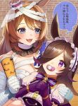  2girls animal_ears bandaged_arm bandages blue_eyes blush brown_hair buttons eyebrows_visible_through_hair gloves hair_between_eyes hair_over_one_eye halloween halloween_costume highres horse_ears horse_girl katwo long_hair make_up_in_halloween!_(umamusume) multiple_girls official_alternate_costume open_mouth puffy_short_sleeves puffy_sleeves purple_gloves rice_shower_(umamusume) shirt short_sleeves smile super_creek_(umamusume) thought_bubble translation_request umamusume violet_eyes white_shirt 