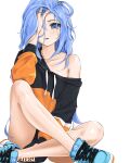  1girl bare_legs blue_eyes blue_footwear blue_hair chaesu collarbone commentary drawstring english_commentary hair_over_one_eye hand_in_hair hand_on_own_face highres knee_up long_hair long_sleeves looking_at_viewer messy_hair minah_(chaesu) no_pants open_mouth original shoes simple_background single_bare_shoulder sitting sneakers solo twitter_username two-tone_sweater very_long_hair white_background 