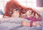  1girl bed_sheet blanket blue_eyes blush bottle clothes_writing copyright_request fever frilled_bunny indoors long_hair long_sleeves looking_at_viewer lying on_bed on_stomach pajamas parted_lips pillow redhead solo stuffed_animal stuffed_bunny stuffed_toy thermometer under_covers water_bottle window zattape 