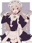  1girl alternate_costume apron bangs black_dress black_legwear blush bow breasts bridal_gauntlets collar corrin_(fire_emblem) corrin_(fire_emblem)_(female) cosplay do_m_kaeru dress eyebrows_visible_through_hair feather_trim felicia_(fire_emblem) felicia_(fire_emblem)_(cosplay) fire_emblem fire_emblem_fates frilled_collar frills grey_hair hair_between_eyes juliet_sleeves large_breasts long_hair long_sleeves looking_at_viewer maid maid_headdress manakete open_mouth pointy_ears puffy_sleeves red_eyes smile solo thigh-highs tongue twitter_username waist_apron white_apron white_bow wrist_cuffs 