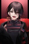  1other :d androgynous black_jacket brown_hair earrings fangs head_tilt highres jacket jewelry konogi looking_at_viewer open_mouth original red_eyes short_hair smile solo upper_body 
