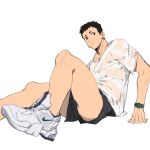  1boy black_shorts casual covered_nipples foot_out_of_frame foreshortening haikyuu!! highres looking_at_viewer male_focus nike sawamura_daichi see-through shirt shoes short_hair shorts sneakers solo thighs toned toned_male unfinished vv404notfound wet wet_clothes wet_shirt white_background white_shirt 