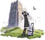  1girl artist_request azur_lane bird black_dress black_footwear black_gloves boots cellphone closed_eyes coat dress eagle gloves hair_intakes hand_in_pocket highres holding holding_phone light_blue_eyes long_hair long_sleeves looking_at_viewer luggage official_alternate_costume official_art open_mouth phone rolling_suitcase silver_hair smartphone smile solo suitcase transparent_background white_coat yorktown_(azur_lane) yorktown_(saint_wings)_(azur_lane) 