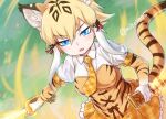  1girl animal_ear_fluff animal_ears animal_print bangs blonde_hair blue_eyes breasts commentary_request elbow_gloves extra_ears eyebrows_visible_through_hair frilled_skirt frills gloves hair_between_eyes holding holding_sheath holding_sword holding_weapon kemono_friends looking_at_viewer medium_breasts multicolored_hair necktie nyifu open_mouth plaid plaid_skirt print_gloves puffy_short_sleeves puffy_sleeves sheath short_sleeves sidelocks skirt smilodon_(kemono_friends) solo sword tail tiger_ears tiger_girl tiger_print tiger_tail twitter_username weapon white_hair yellow_neckwear 