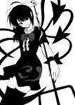  1girl arm_up arrow_(symbol) asymmetrical_wings bangs black_dress black_eyes black_footwear black_hair black_nails bow bowtie breasts buttons closed_mouth dress eyebrows_visible_through_hair grey_bow grey_neckwear hair_between_eyes hand_up highres houjuu_nue looking_at_viewer medium_breasts medium_hair monochrome shiguma_(signalmass) short_sleeves simple_background smile snake solo standing teeth thigh-highs thighs touhou weapon white_background wings wristband zettai_ryouiki 