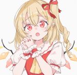  1girl bangs blonde_hair commentary_request crystal eyebrows_visible_through_hair flandre_scarlet hair_between_eyes hair_ribbon highres looking_at_viewer medium_hair no_hat no_headwear one_side_up own_hands_clasped own_hands_together paragasu_(parags112) pointy_ears red_ribbon ribbon simple_background solo touhou upper_body white_background wings 