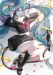  1girl absurdly_long_hair absurdres animal_ear_fluff animal_ears aqua_eyes aqua_hair arms_up bangs black_cat black_footwear black_legwear black_shirt black_skirt blue_nails bow breasts cat cat_ears cat_tail chromatic_aberration hair_between_eyes hair_bow hair_ornament hatsune_miku highres long_hair long_sleeves looking_at_viewer lying nail_polish neckerchief on_back parted_lips paw_pose pink_bow pink_neckwear pleated_skirt purple_bow rumoon school_uniform serafuku shirt skirt small_breasts socks solo tail tail_bow tail_ornament thighs twintails very_long_hair vocaloid 