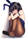  1girl animal_ears bangs black_hair blue_leotard blush breasts brown_eyes detached_collar fake_animal_ears fate/kaleid_liner_prisma_illya fate_(series) fishnet_legwear fishnets hair_ornament hairclip highres knees_up leotard long_hair looking_at_viewer miyu_edelfelt playboy_bunny rabbit_ears sitting small_breasts smile solo strapless strapless_leotard tsurugi_ai_(seikan_hitchhiker) wrist_cuffs 