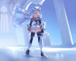  1girl absurdres android ass back bangs bare_shoulders blue_hair breasts cyborg full_body high_heels highres kos-mos large_breasts long_hair looking_at_viewer looking_back negresco red_eyes solo thigh-highs xenosaga 