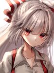  1girl bangs bow closed_mouth collared_shirt commentary_request fujiwara_no_mokou grey_hair hair_bow highres looking_at_viewer one-hour_drawing_challenge red_bow red_eyes shirt simple_background solo suspenders touhou upper_body waramori_fuzuka white_background white_bow white_shirt 