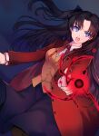  1girl bangs beige_vest black_hair black_skirt blue_eyes collared_shirt fate/stay_night fate_(series) gandr hair_ribbon highres homurahara_academy_uniform incoming_attack jacket long_hair long_sleeves maru_(pixiv51714255) neck_ribbon open_mouth red_jacket red_neckwear red_ribbon ribbon shirt skirt solo tohsaka_rin two_side_up upper_teeth v-shaped_eyebrows vest yellow_vest 