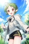  1girl :d black_shorts blue_sky blurry blurry_foreground blush clouds cowboy_shot day depth_of_field grass green_hair grey_jacket grey_shirt hand_up jacket konogi long_sleeves looking_at_viewer mushoku_tensei open_mouth outdoors pointy_ears red_eyes shirt shorts signature sky smile solo standing sylphiette_(mushoku_tensei) 